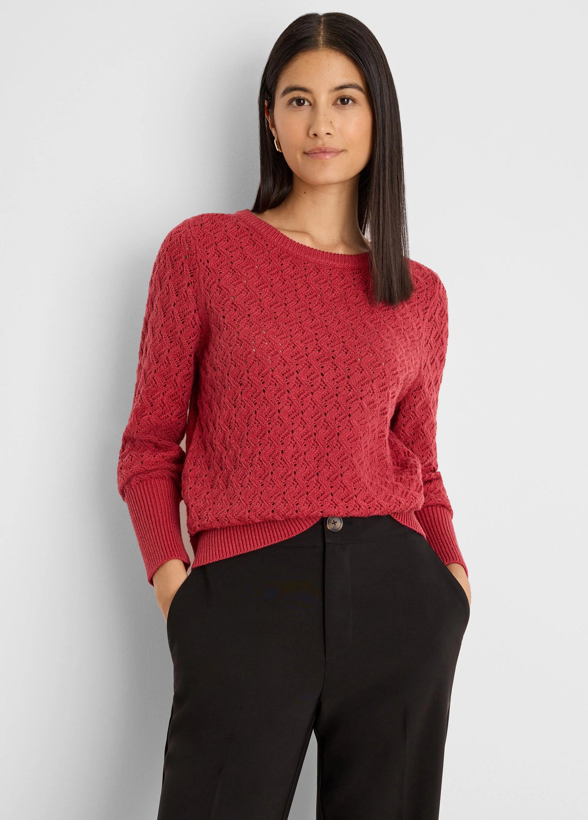 Deep red sweater with an open lattice knit pattern, ribbed crew neck, cuffs, and hem.
