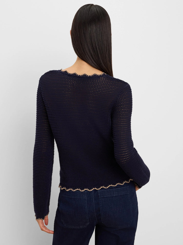 Navy blue mesh cardigan with scalloped tan trim at neckline, cuffs, and hem. Open knit, cropped.