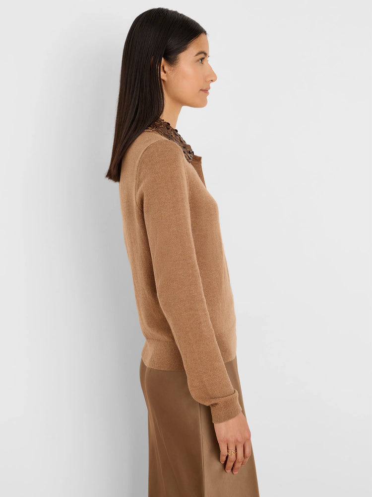 Camel cardigan, features a bronze sequin collar.
