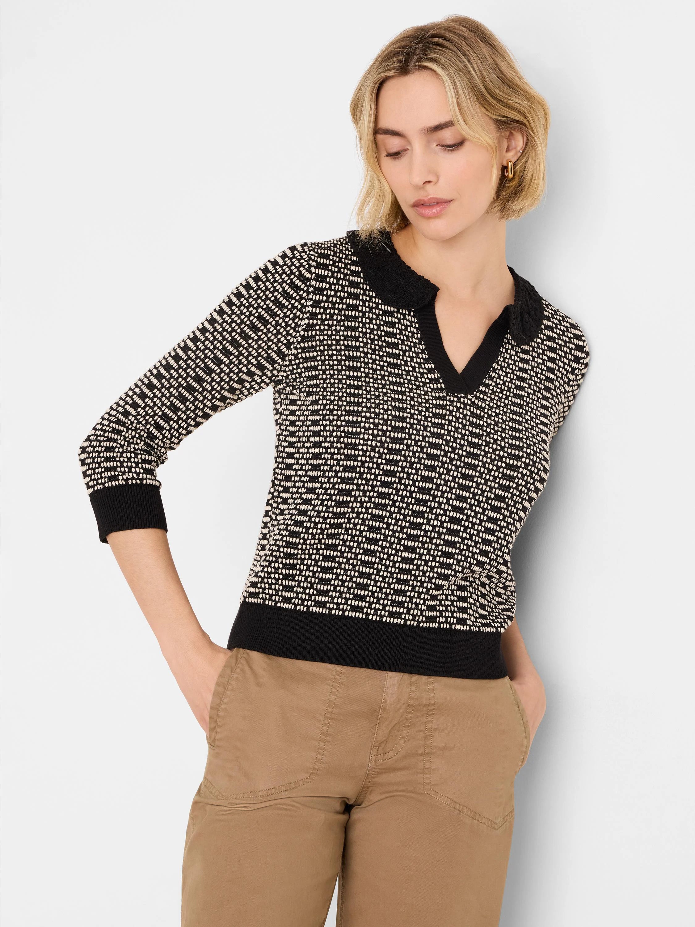Black and off-white geo stitch sweater with a lace-trimmed V-neck collar, 3/4 sleeves, and ribbed cuffs/hem.