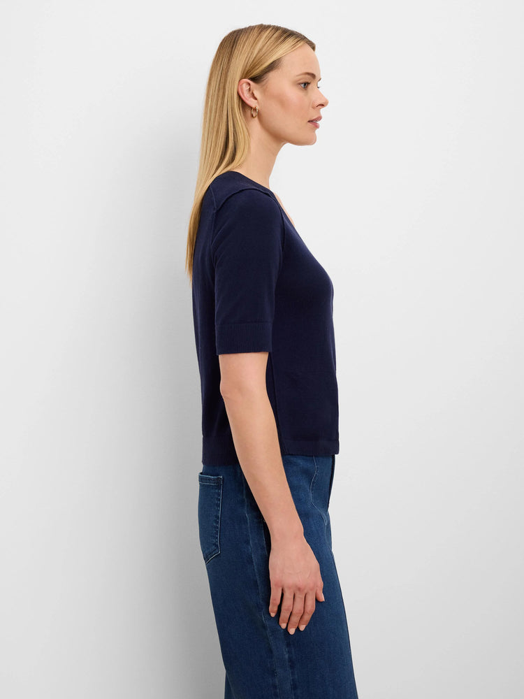 Navy blue fine-knit sweater tee with short sleeves, a subtle scoop neck, and ribbed cuffs and hem.
