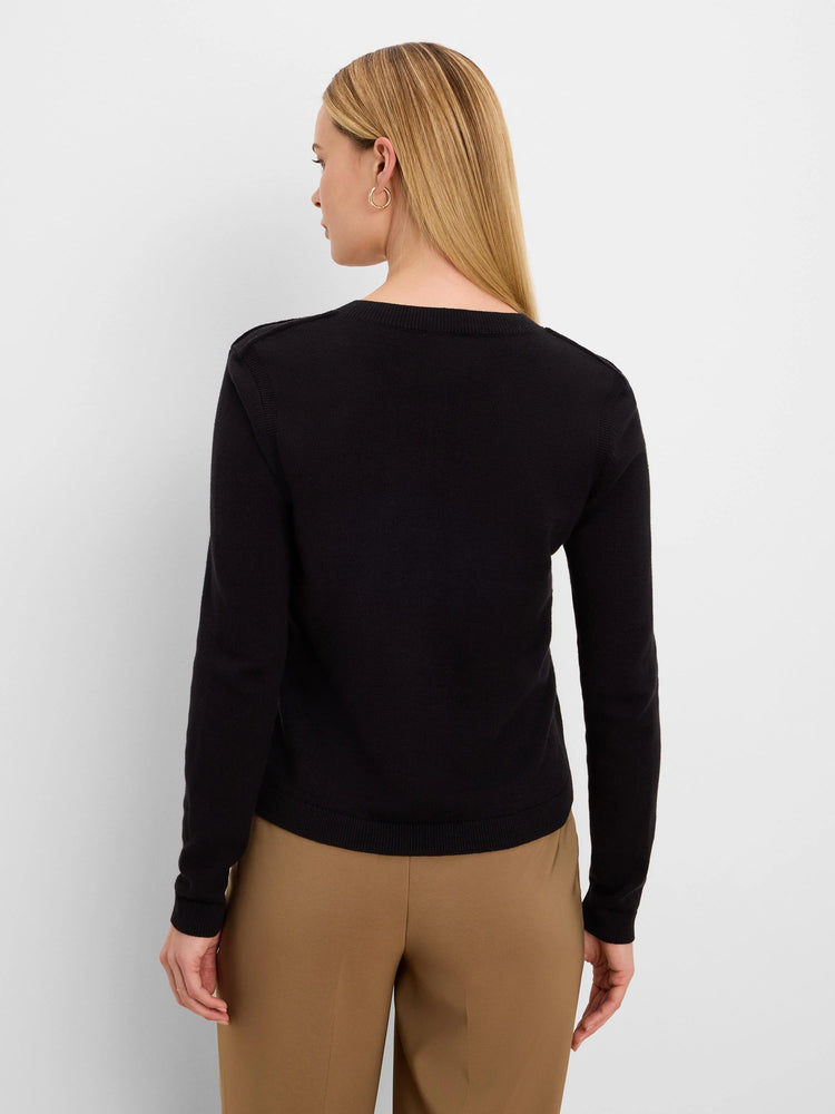 Black long-sleeve knit cardigan on model, viewed from back. Ribbed neckline, cuffs, and hem.