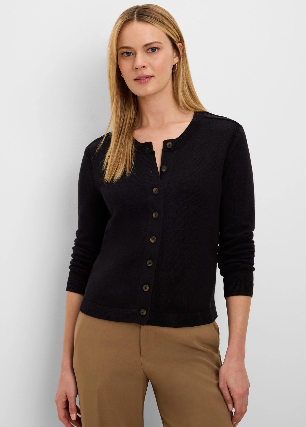 Black button-up cardigan with a round neck, dark brown buttons, and ribbed cuffs & hem.