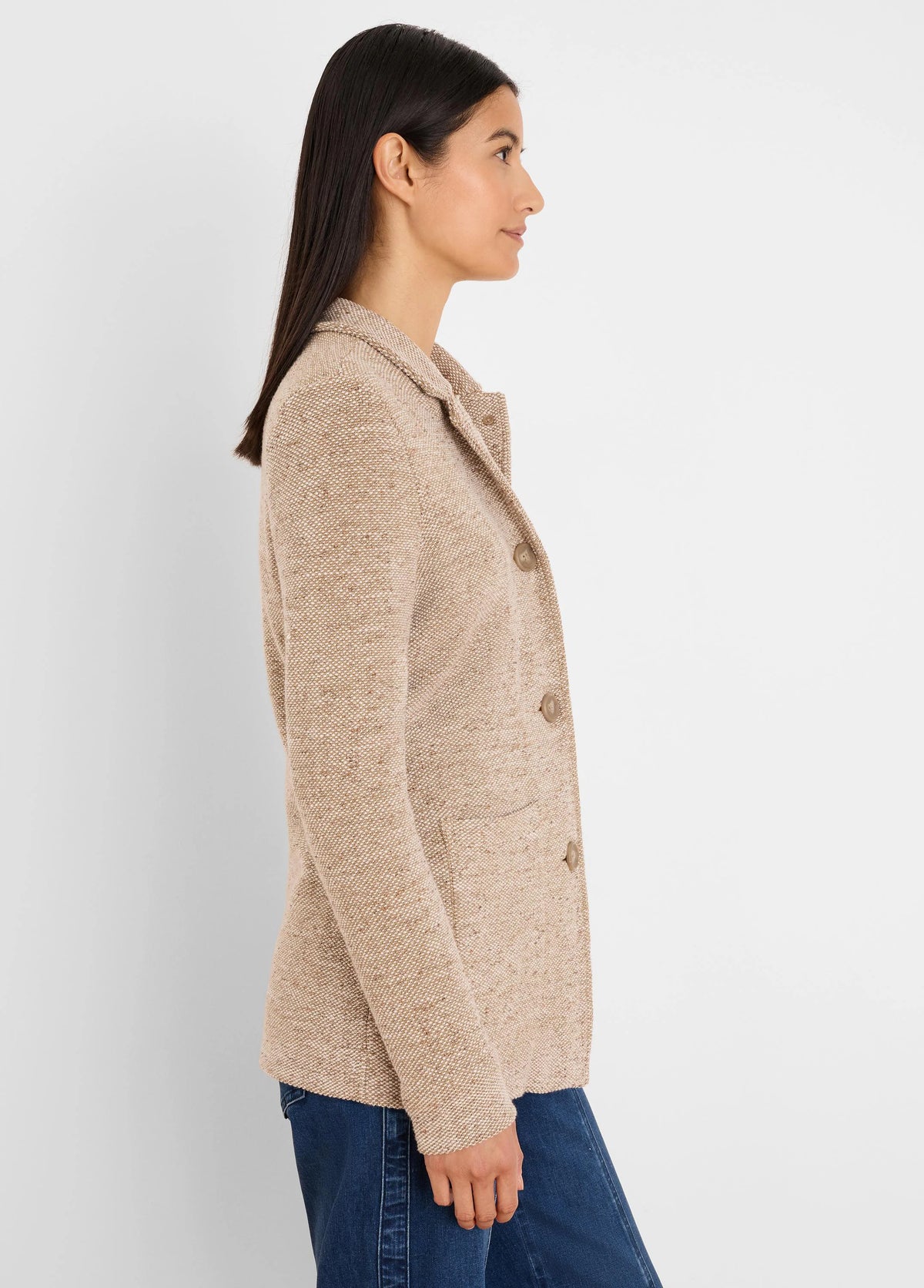 Beige tweed knit jacket featuring a blazer collar, three brown buttons, and front patch pockets.