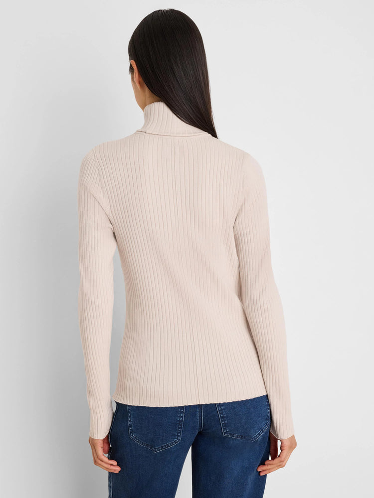 Pale beige, form-fitting, ribbed knit turtleneck with long sleeves, shown from behind.