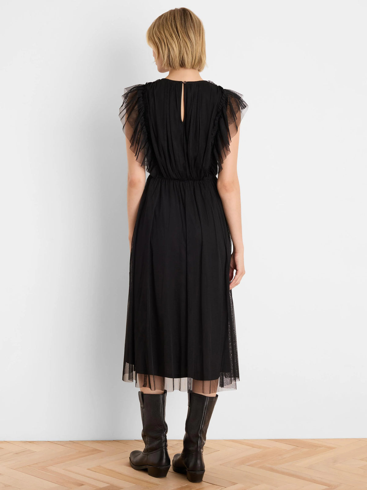 Black midi tulle dress with ruffled sleeves, elastic waist, keyhole back, and sheer tulle overlay skirt.