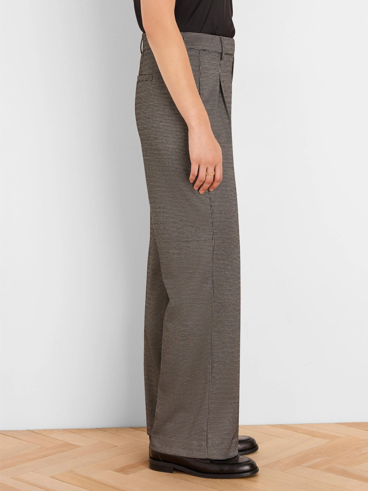Wide leg trousers in dark brown and gold micro-check tweed with subtle lurex shimmer.