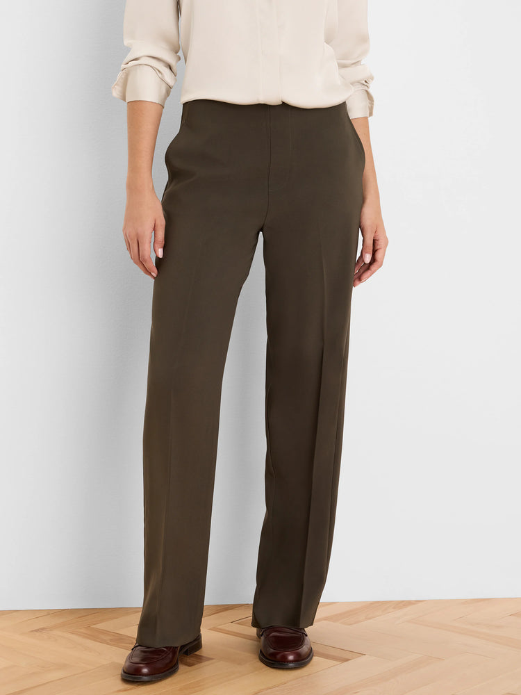 Dark olive wide leg pants, full-length with a smooth fabric and a subtle front crease.