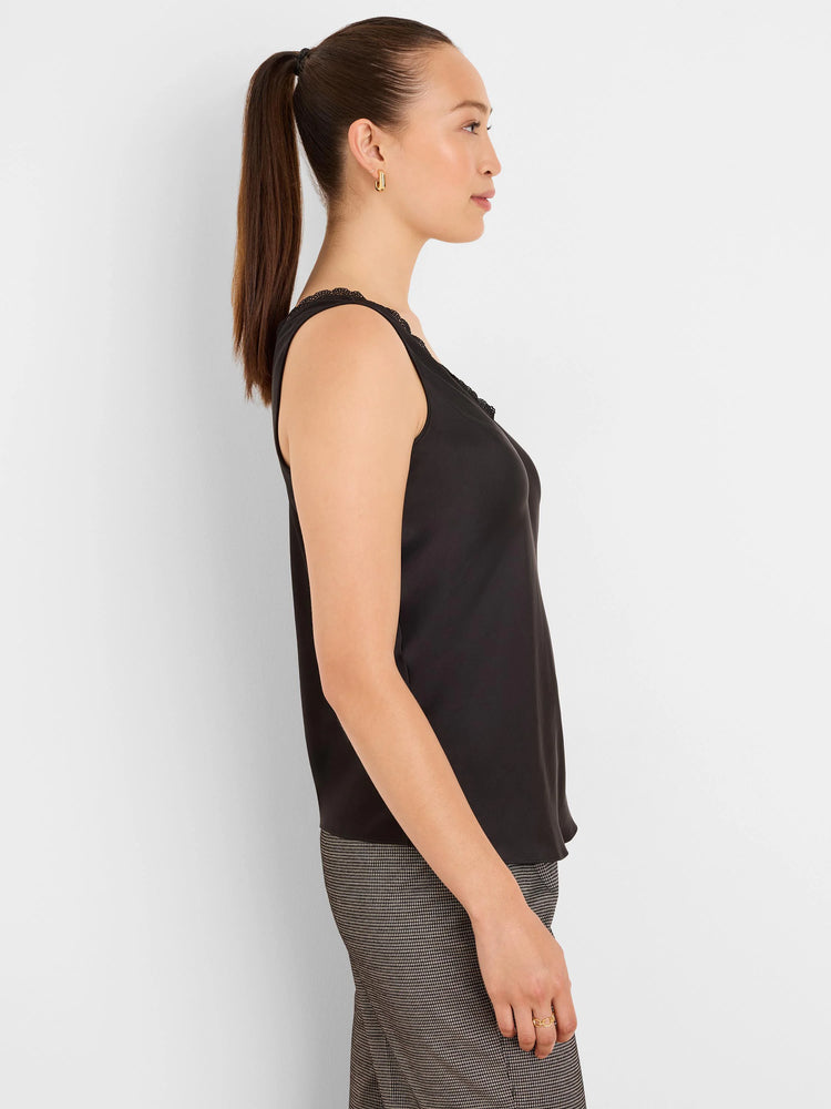 Black sleeveless tank with black lace trim on neckline and straps. Smooth fabric has a subtle sheen.