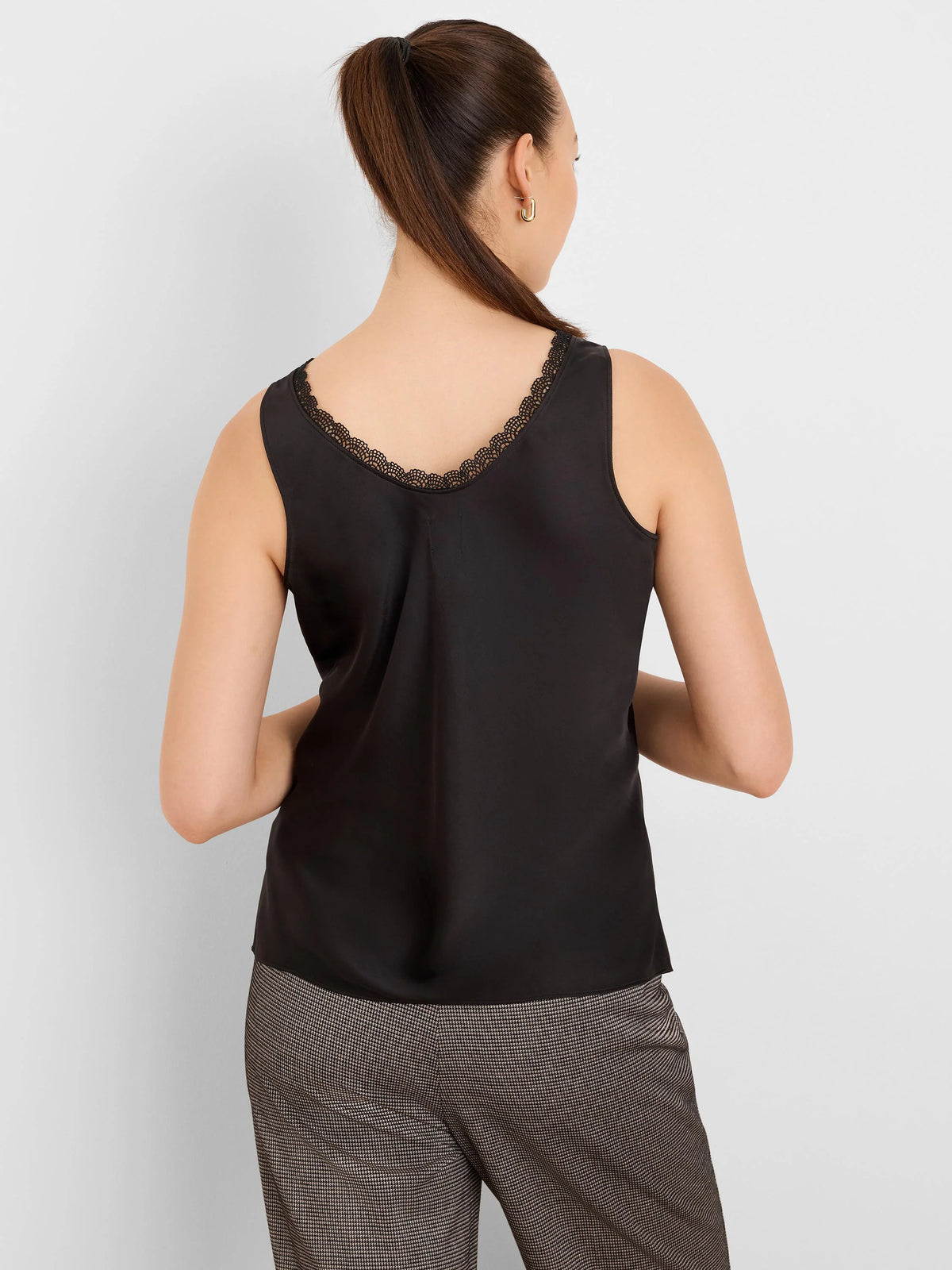 Black glossy tank top with black lace trim along the V-neck back.