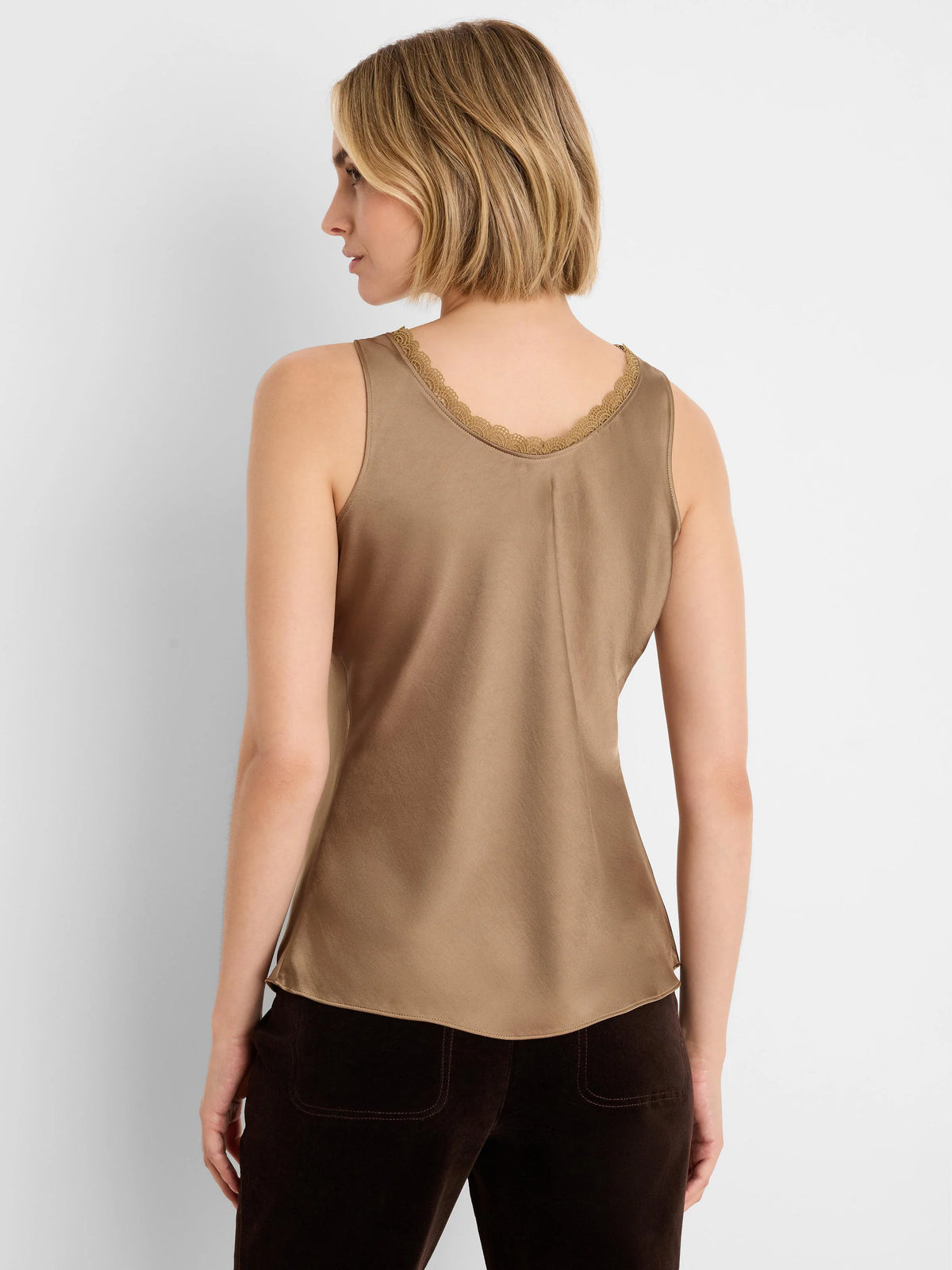 Glossy brown tank top, back view, with a scalloped bronze lace trim at the neckline.