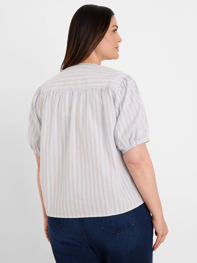 Light blue shirt with thin white & tan vertical stripes. Features short gathered sleeves & pleated back yoke.