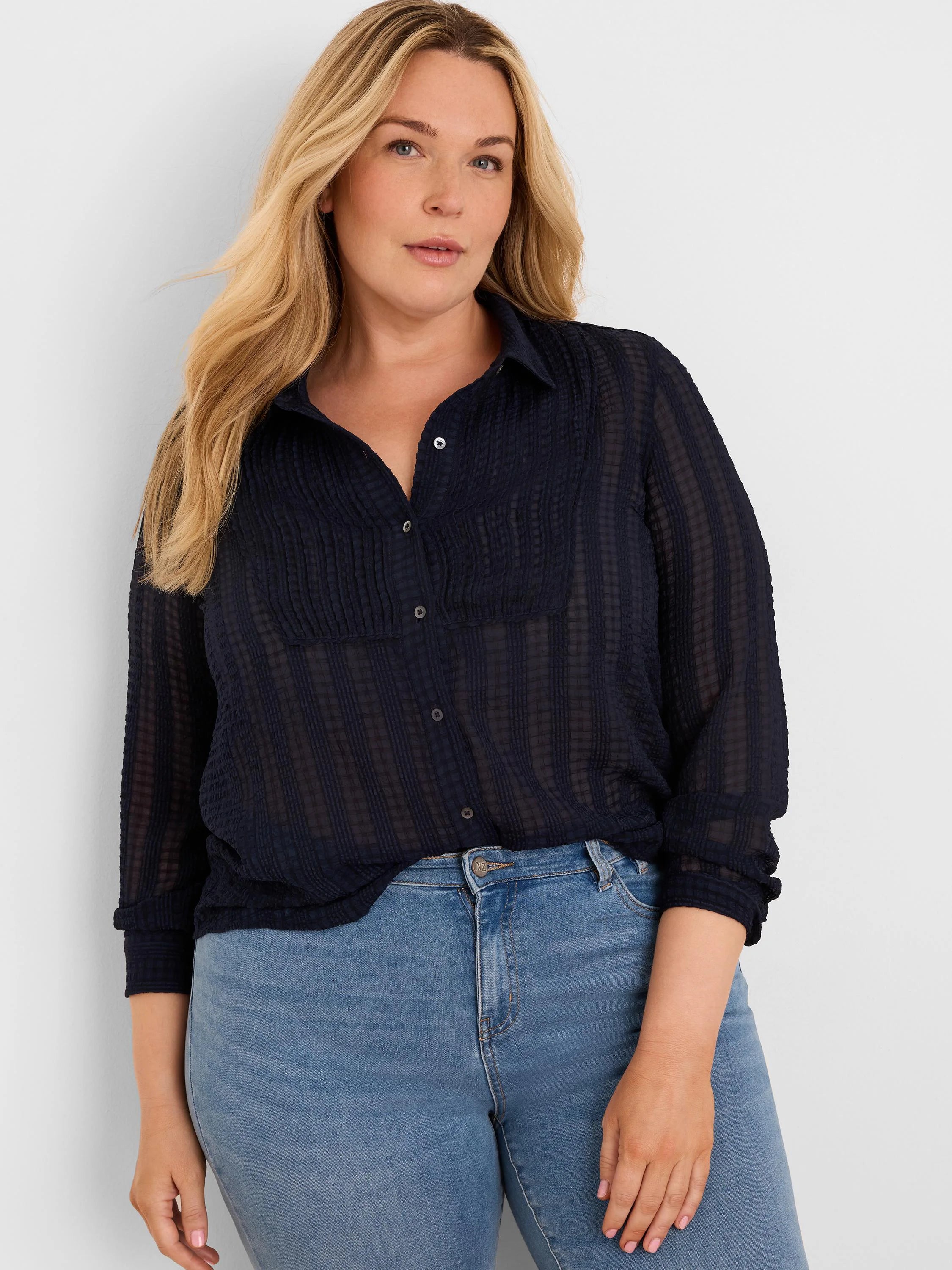 Dark navy chiffon shirt with crinkled jacquard texture, collar, and button-front.