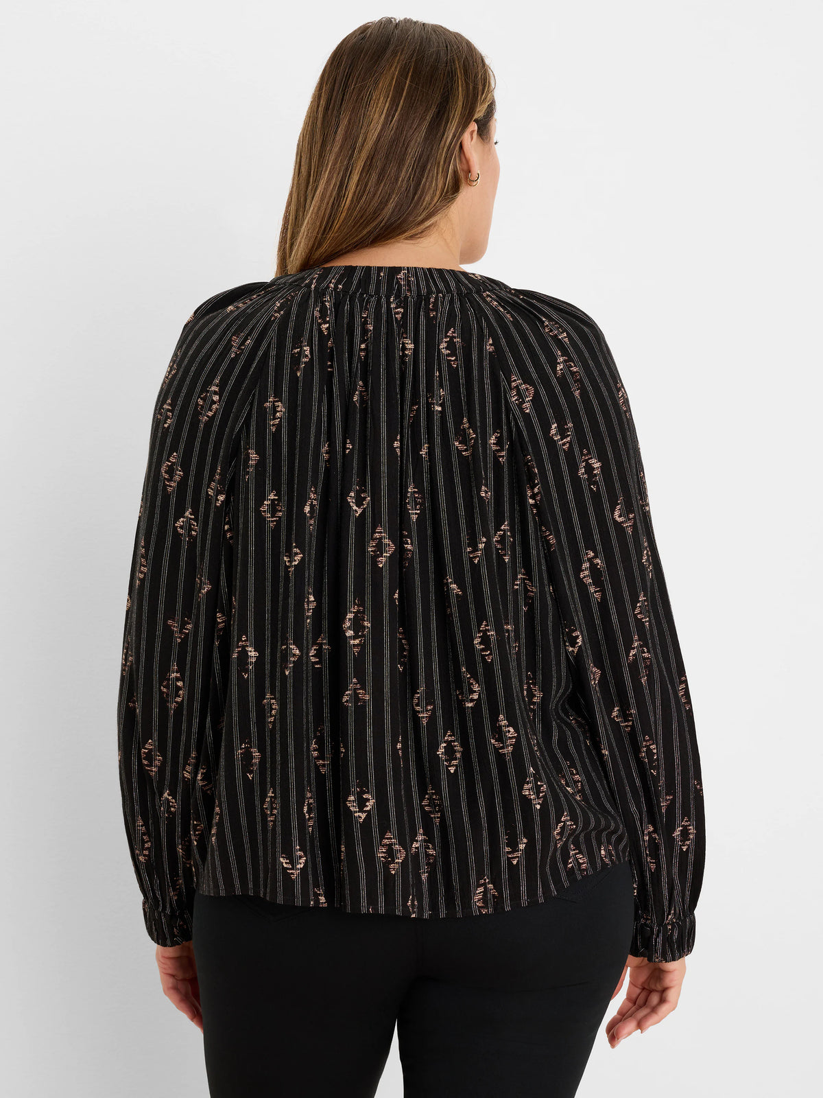 Black Diamond Lurex shirt, back view, with gathered neck, metallic vertical stripes, and small diamond patterns.