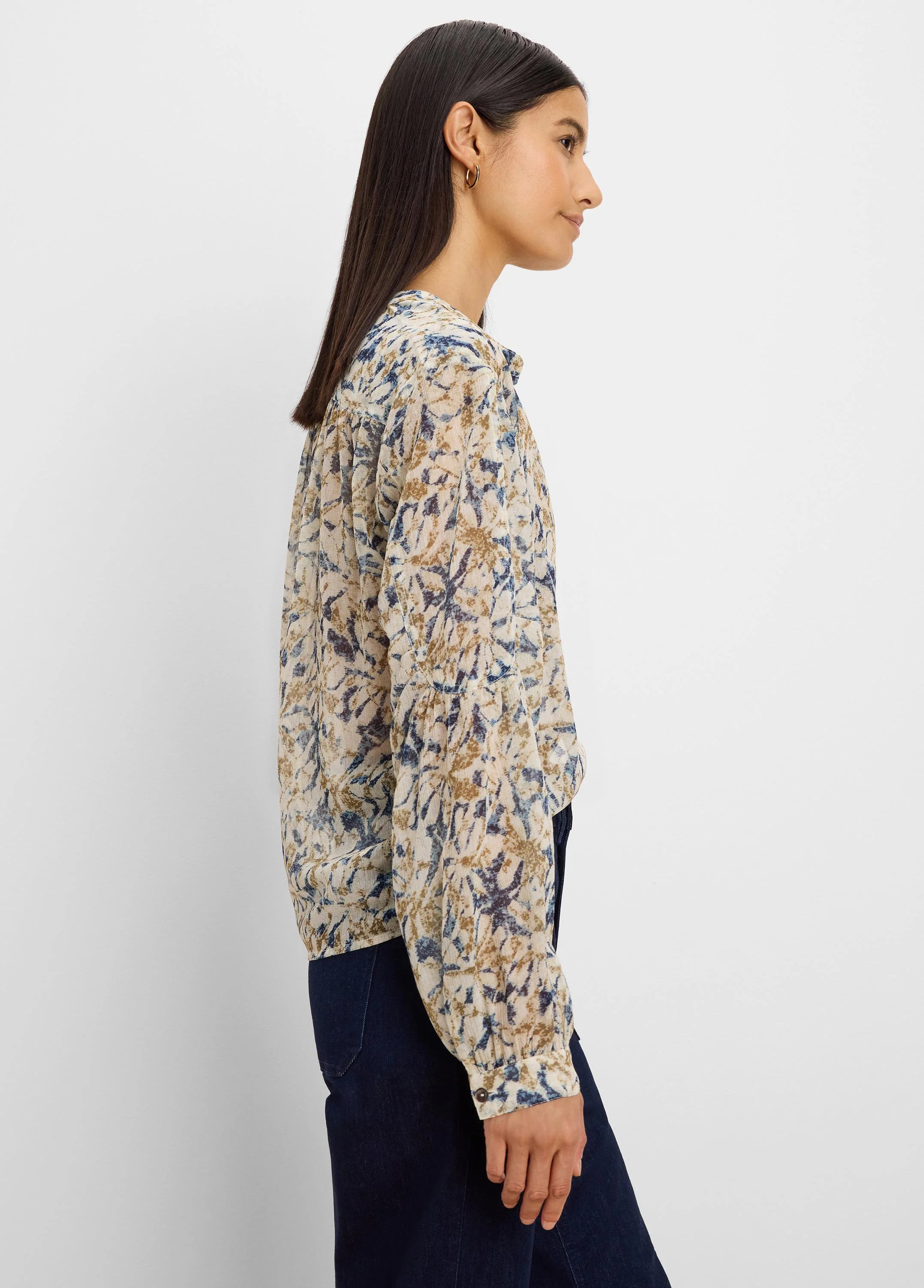 Chiffon shirt: cream base, abstract blue & brown pattern, long sleeves, collared.