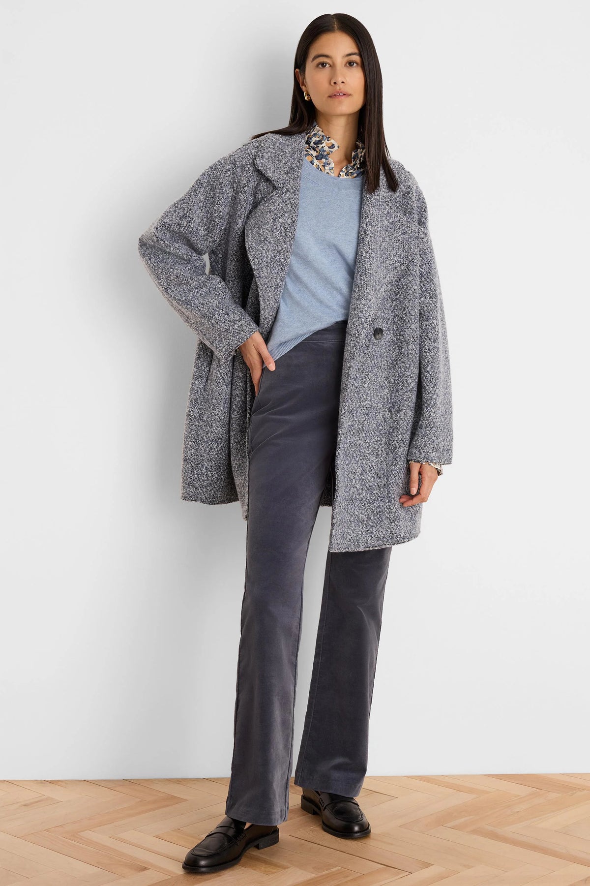 Charcoal stretch velvet high-rise boot-cut pants.
