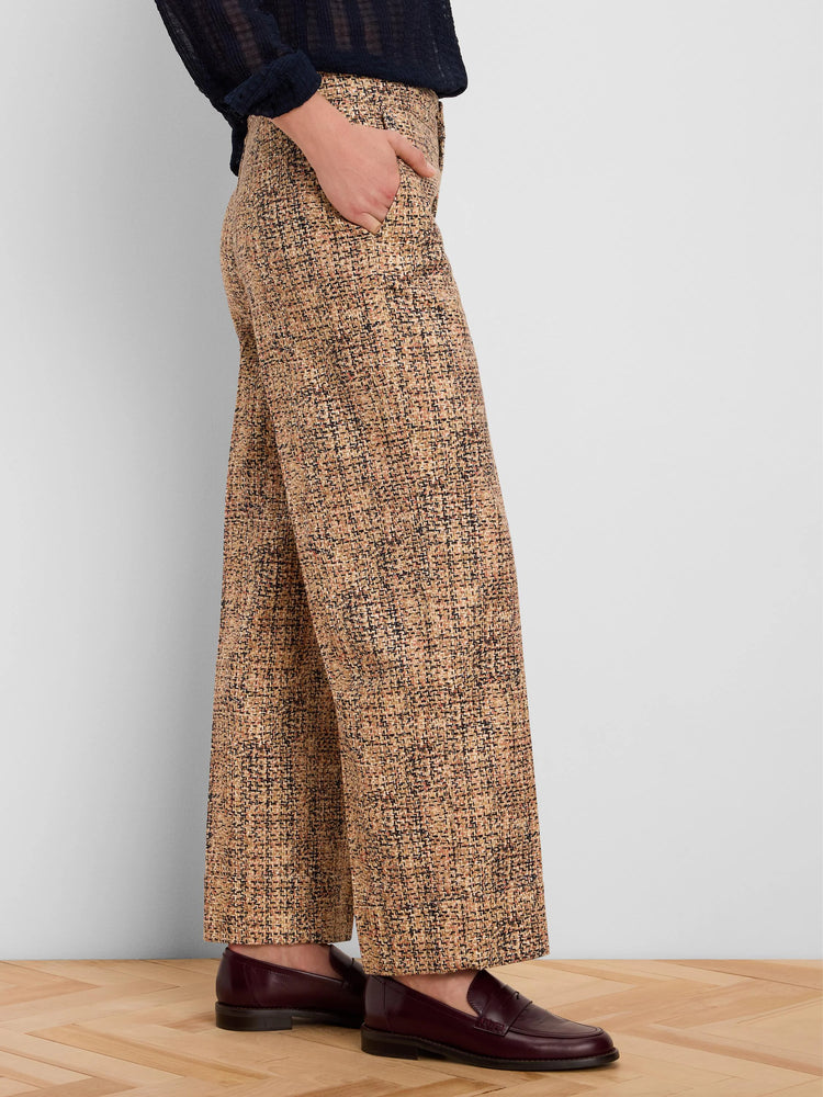Light brown tweed wide-leg ankle pants with cuffs. Fabric shows black and subtle reddish flecks in the pattern.
