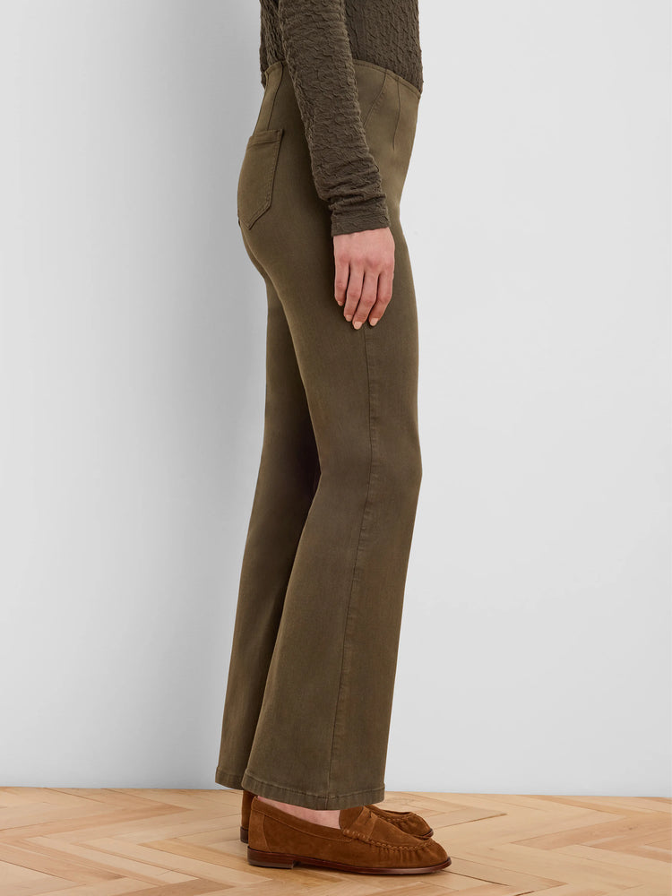 Olive green bootcut jeans, shown from the side. They have a gentle flare below the knee.