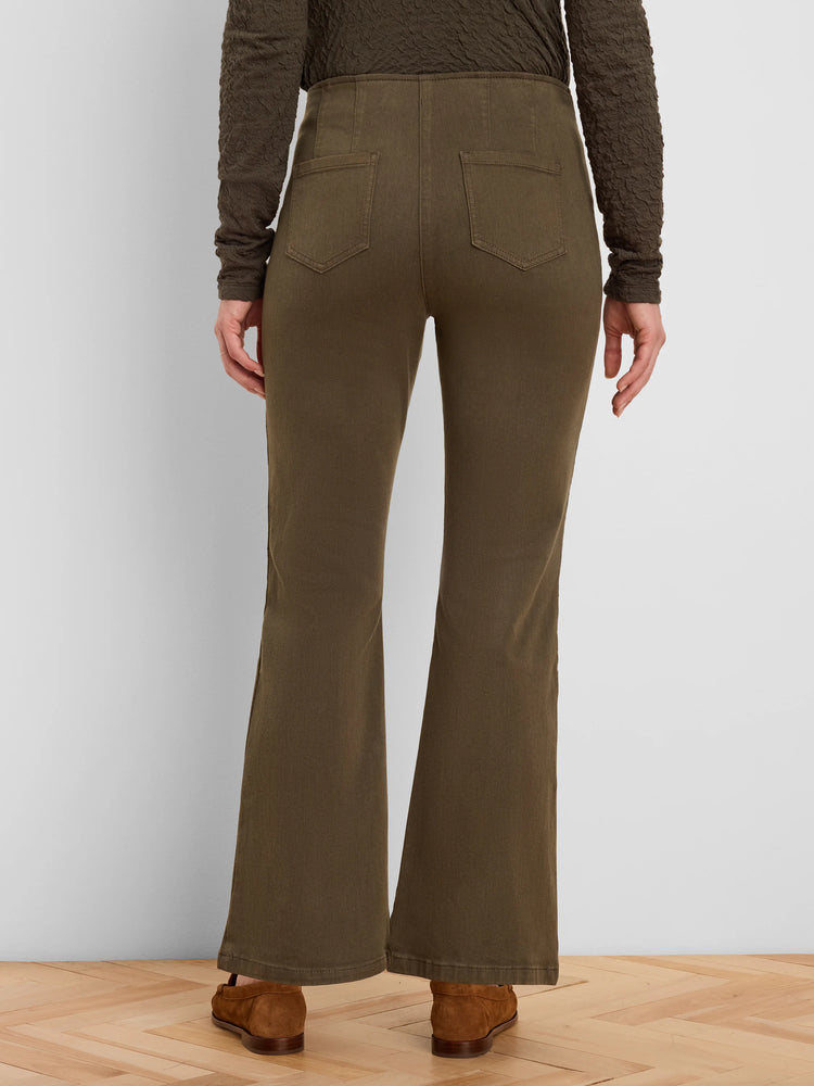 Back view of olive green high-waisted bootcut jeans with two patch pockets on the rear.