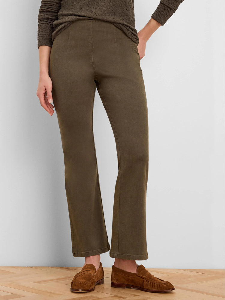 Dark olive green pull-on bootcut jeans with a smooth front, visible vertical leg seams, and a slight flare at the ankle.