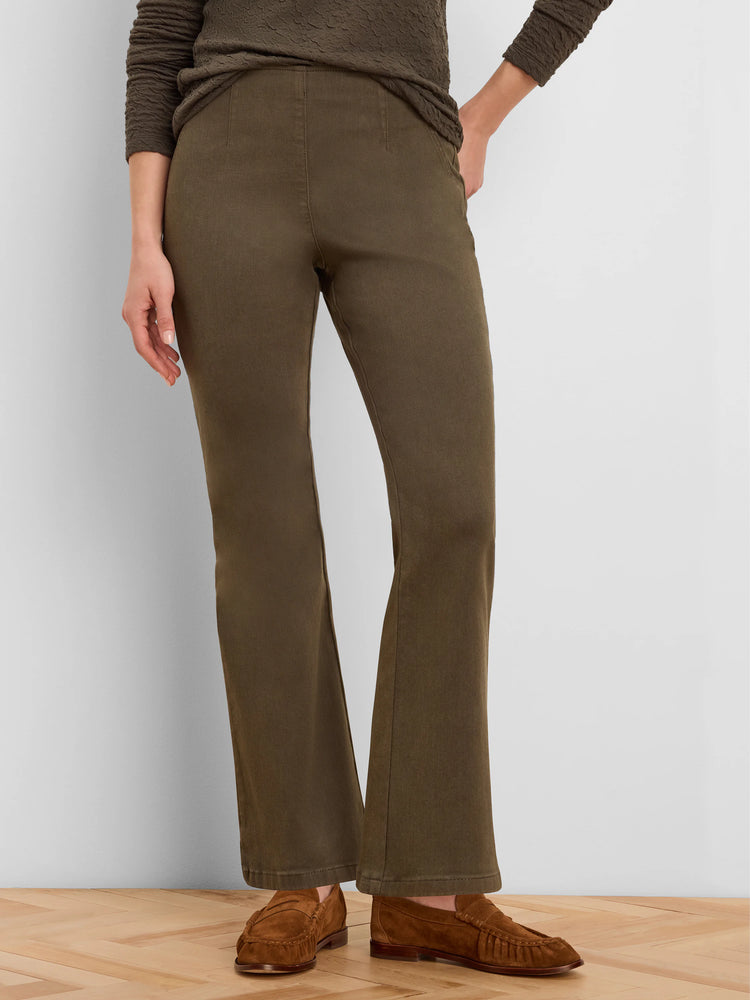 Dark olive green bootcut jeans with a high, smooth waist and vertical front leg seams.