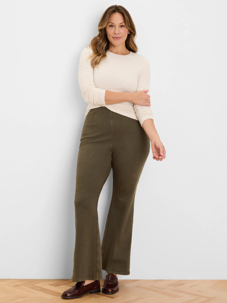 Olive green Berkeley Boot Jean, fitted through the thigh with a subtle flare from the knee.