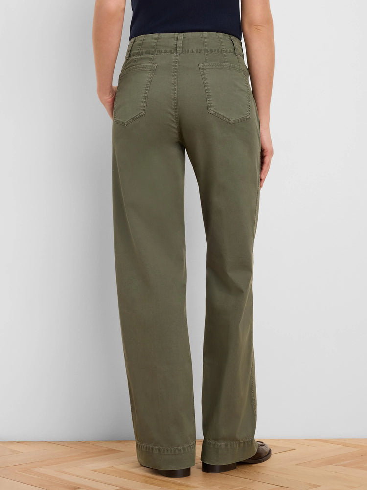 Olive green wide-leg pants, high-waisted with back pockets and belt loops, on model facing away.