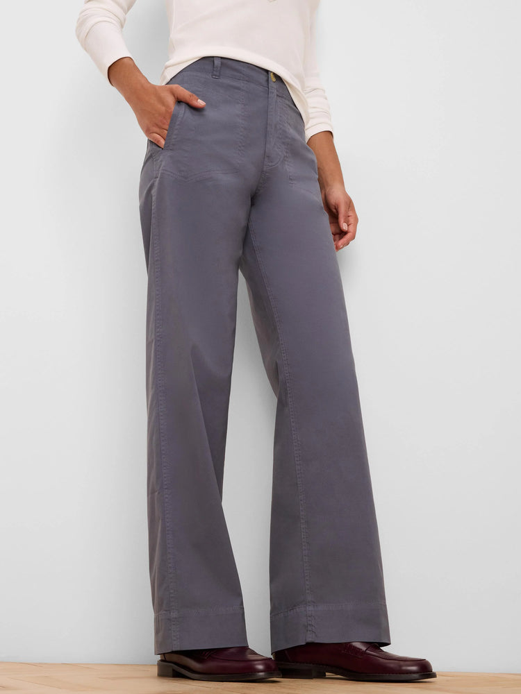 Grey wide-leg pants with angled front pockets, high waist, and prominent topstitching.