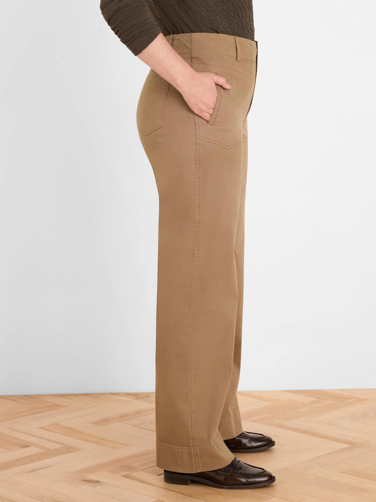 Tan wide-leg pants with angled front pockets, belt loops, and visible stitching, shown on a model from the side.