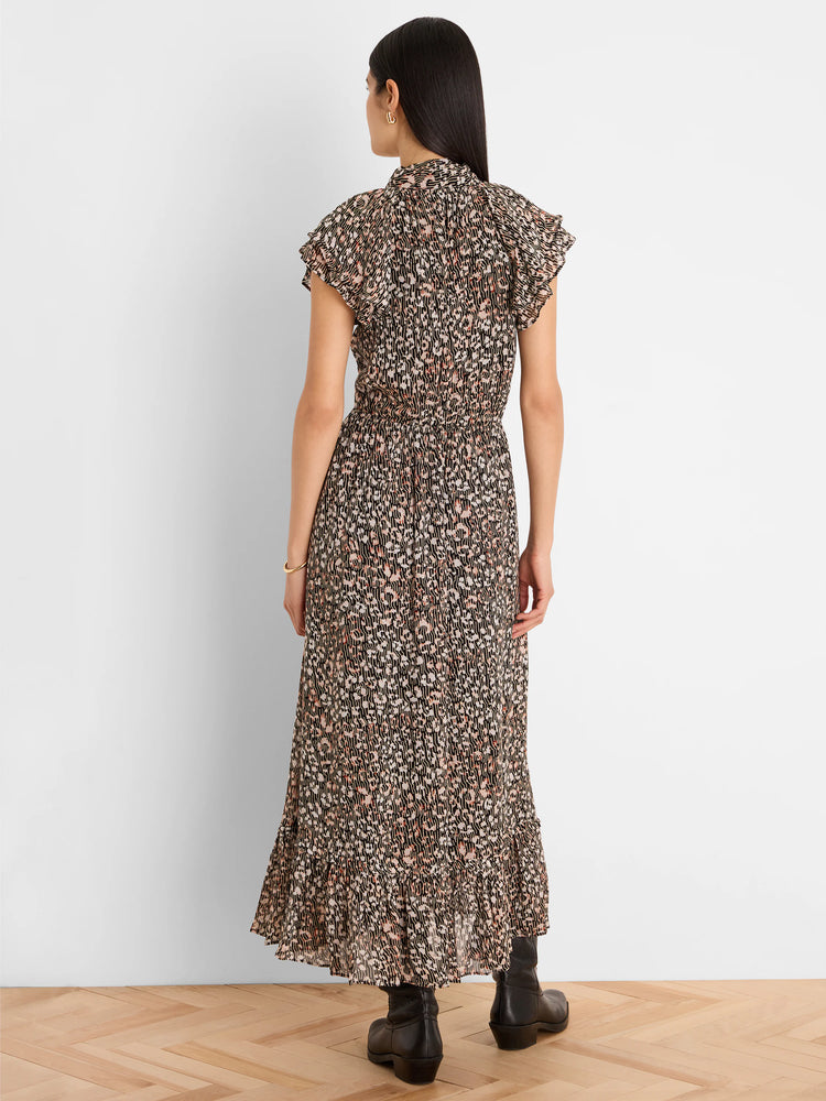 Black georgette maxi dress, cream/pink abstract animal print. Ruffled collar, cap sleeves, elastic waist.