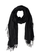 Black, softly draped scarf with long, irregular fringe and distressed cut-outs along its edges.