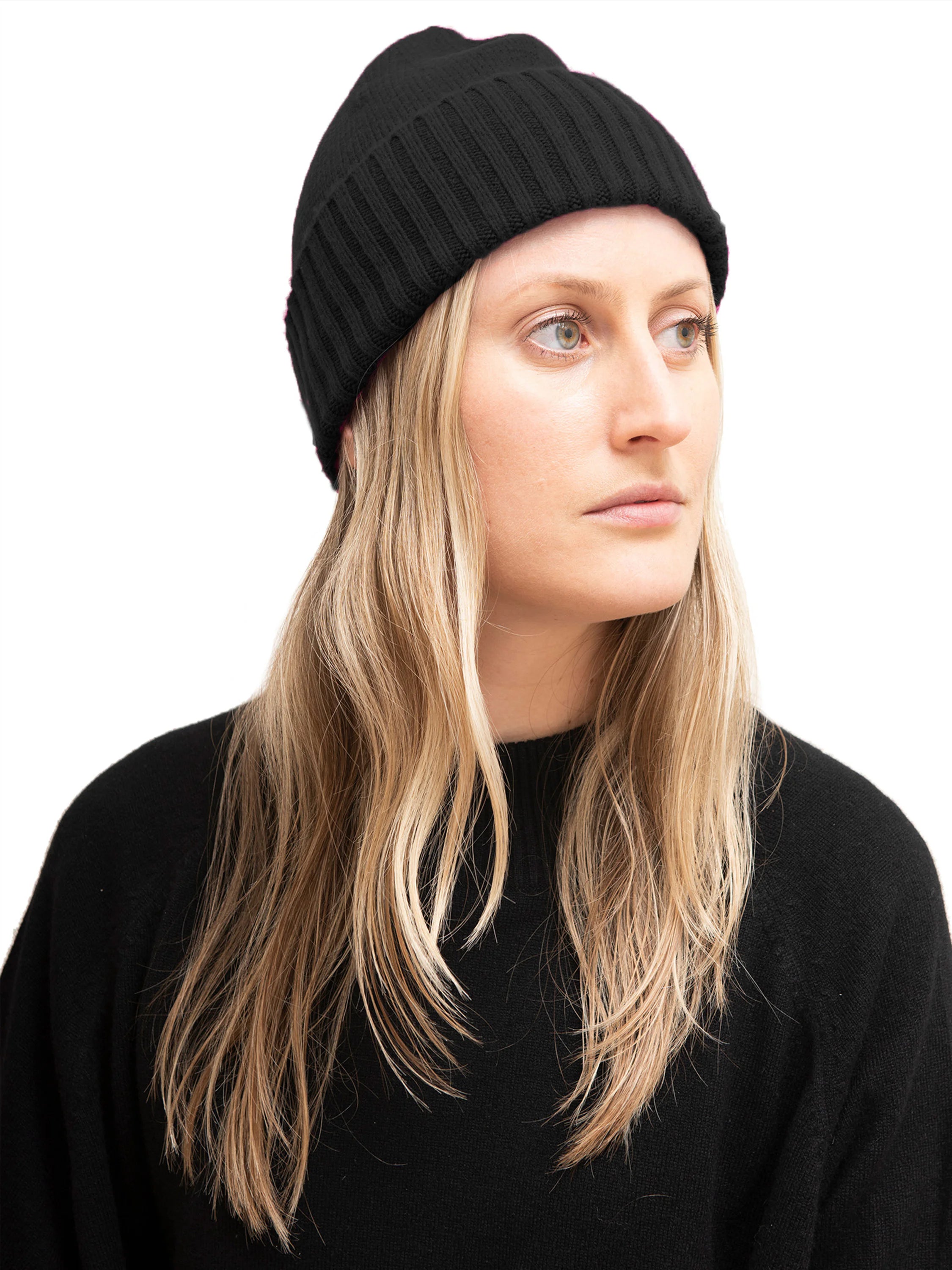 Black cashmere hat. Ribbed knit, beanie style, with a folded brim.