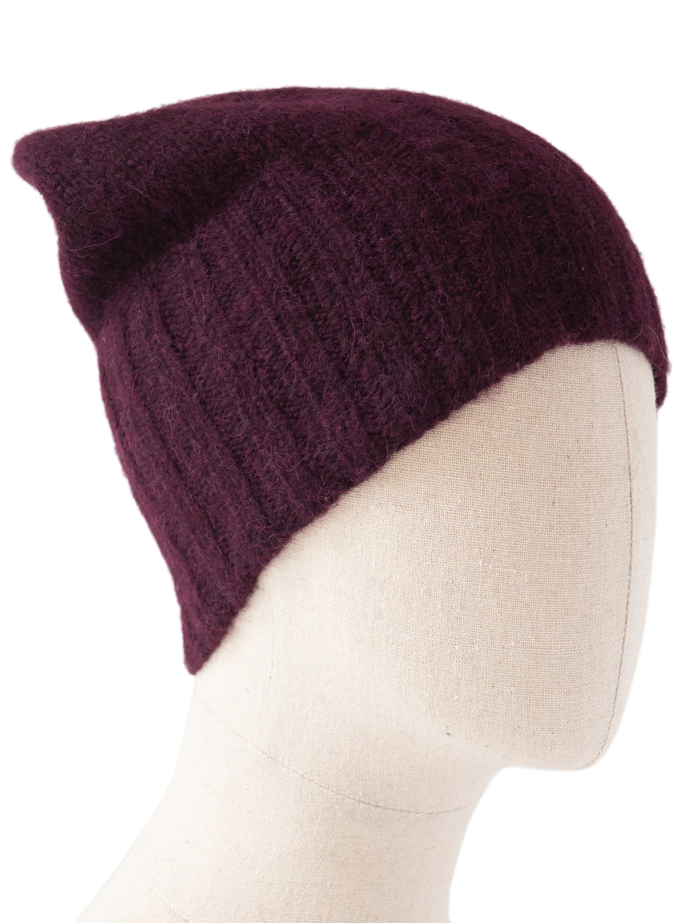 Burgundy hand-knit beanie, soft & fuzzy with visible vertical ribbing.
