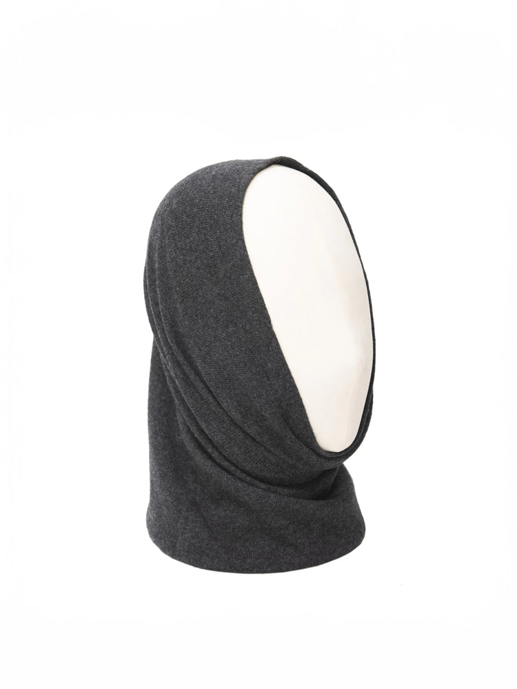Dark gray cashmere hood, cowl neck style. Shown on a mannequin.