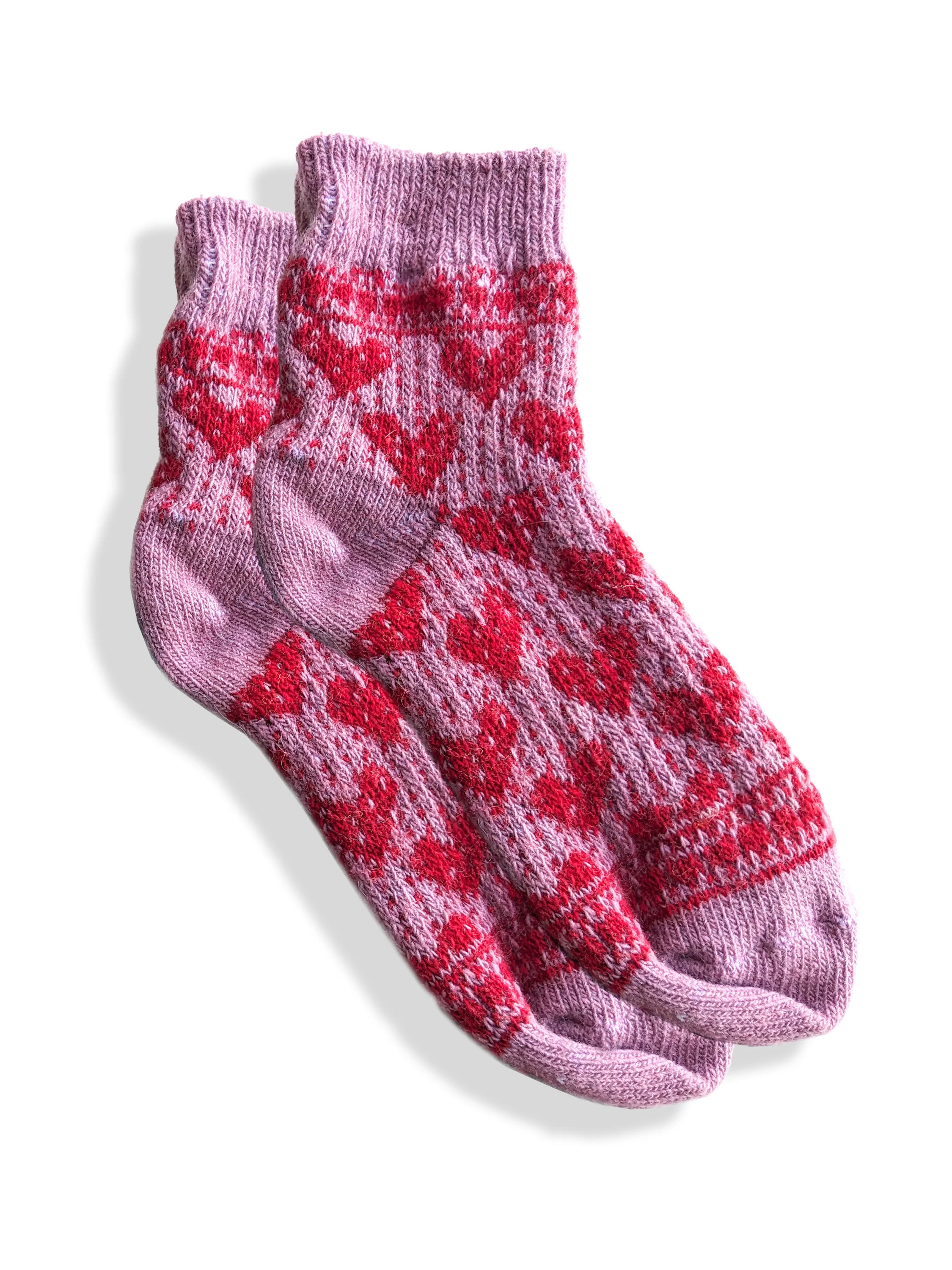 Pair of mauve ankle socks with a red heart pattern.