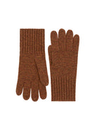 Pair of brown knitted gloves.  Textured, slightly mottled with darker brown and reddish-brown tones. Ribbed cuffs.