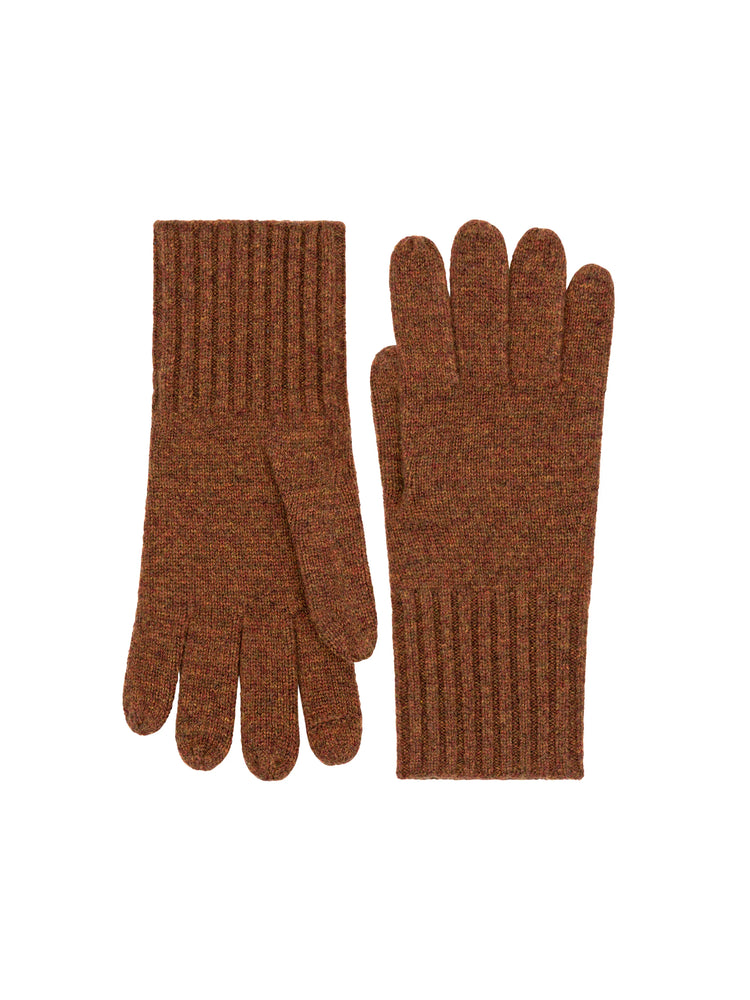 Pair of brown knitted gloves. Textured, slightly mottled with darker brown and reddish-brown tones. Ribbed cuffs.