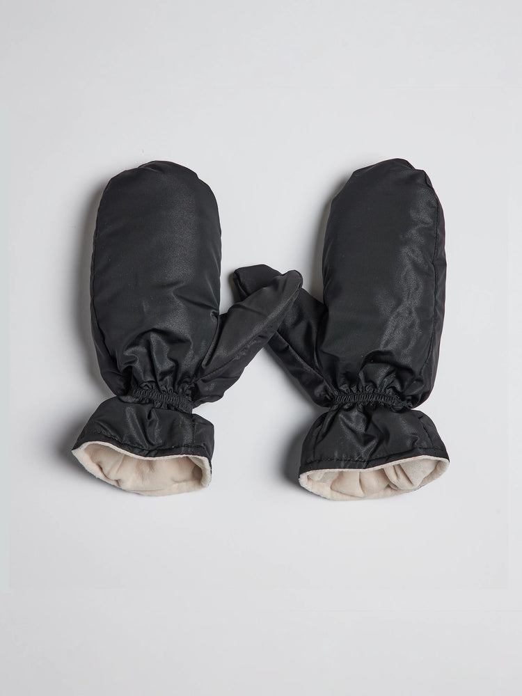 Black mittens with beige lining; shown lying flat.