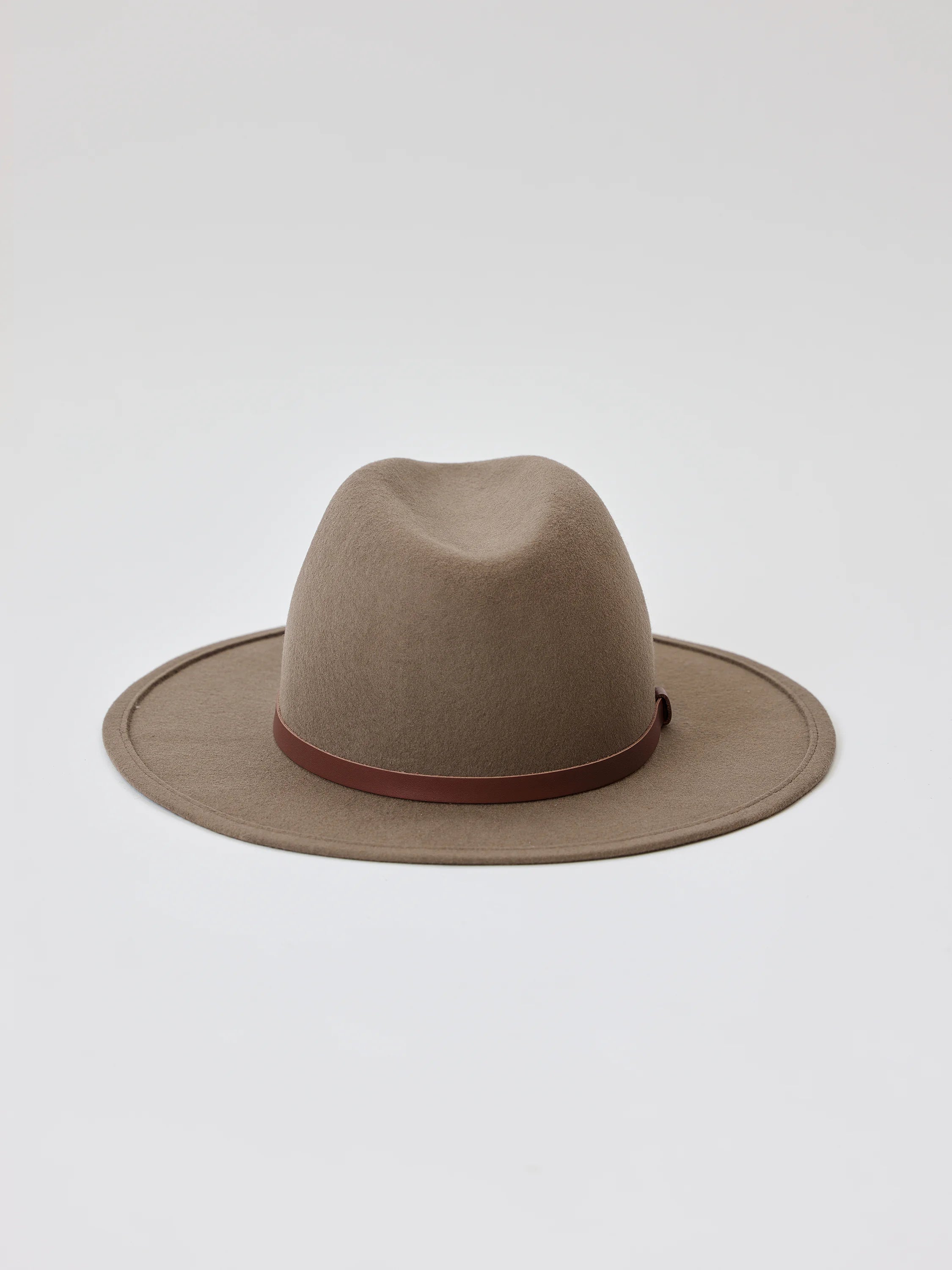 Taupe felt fedora with a brown leather band.