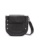 Black leather crossbody bag, curved shape.  Silver-toned hardware accents.  Adjustable strap.