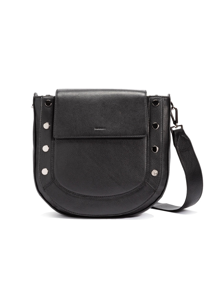 Black leather crossbody bag, curved shape. Silver-toned hardware accents. Adjustable strap.