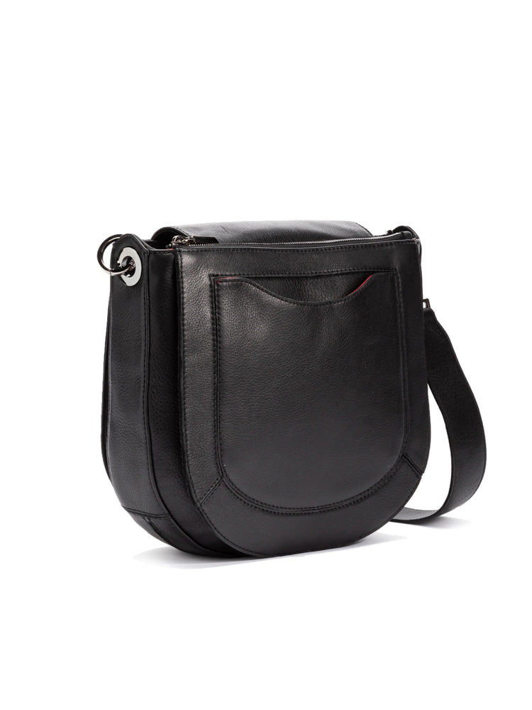 Black leather crossbody bag with a curved shape, small front pocket, and a long strap. Subtle red interior detail visible.