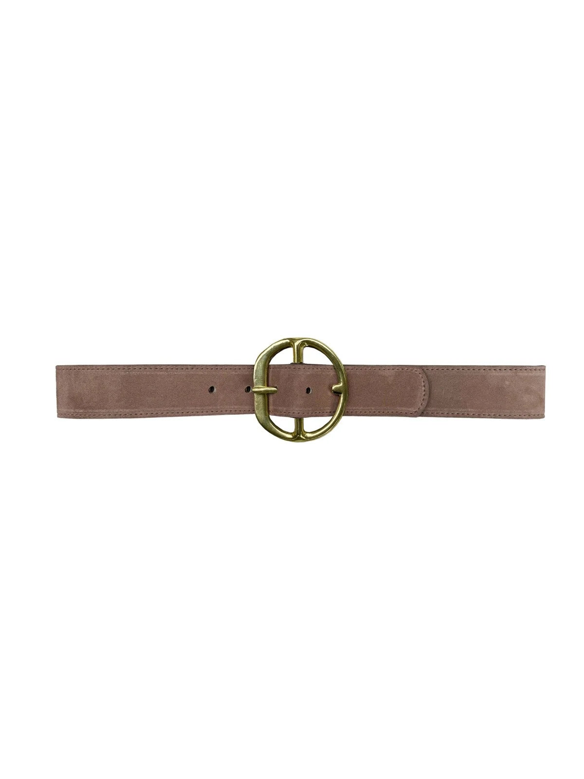 Taupe suede belt with an oval, gold-toned buckle. Visible stitching along the edges and buckle holes.