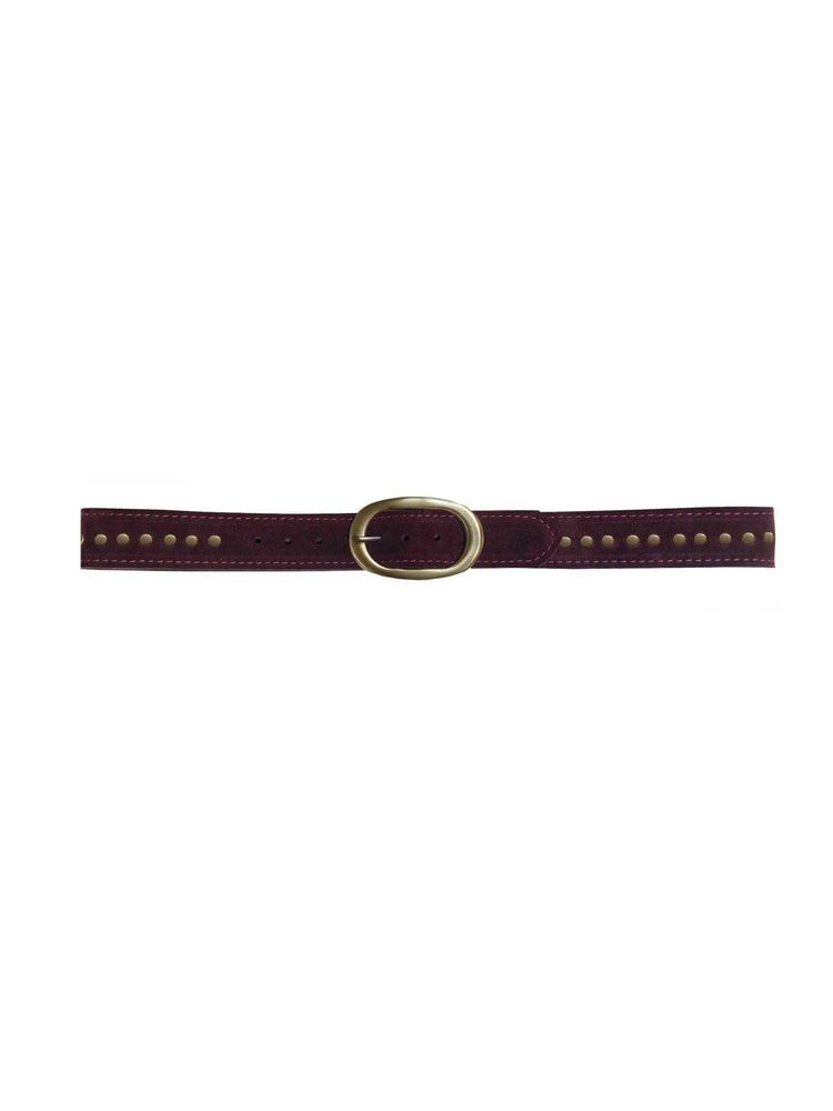 Dark red suede belt with an oval brass buckle and brass studs.