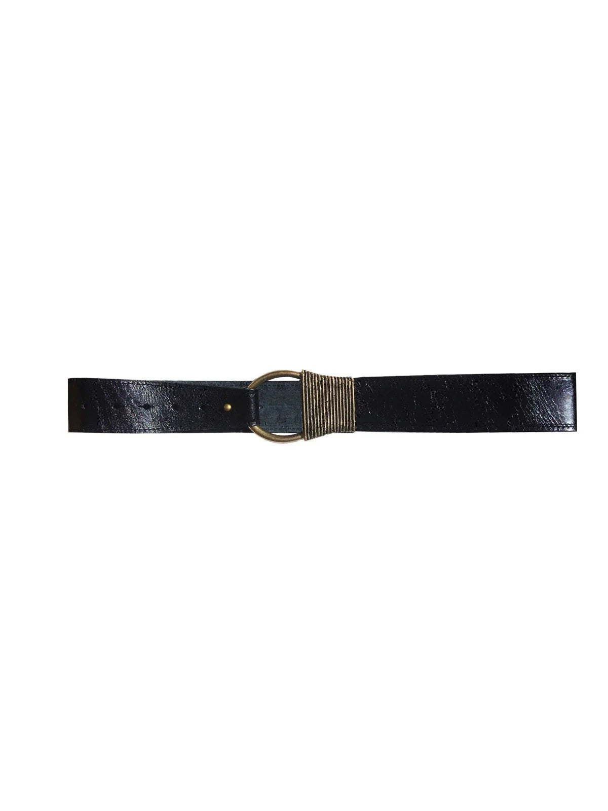 Black leather belt with an antique brass O-ring buckle. One side of the buckle is wrapped with parallel, rope-like strands.