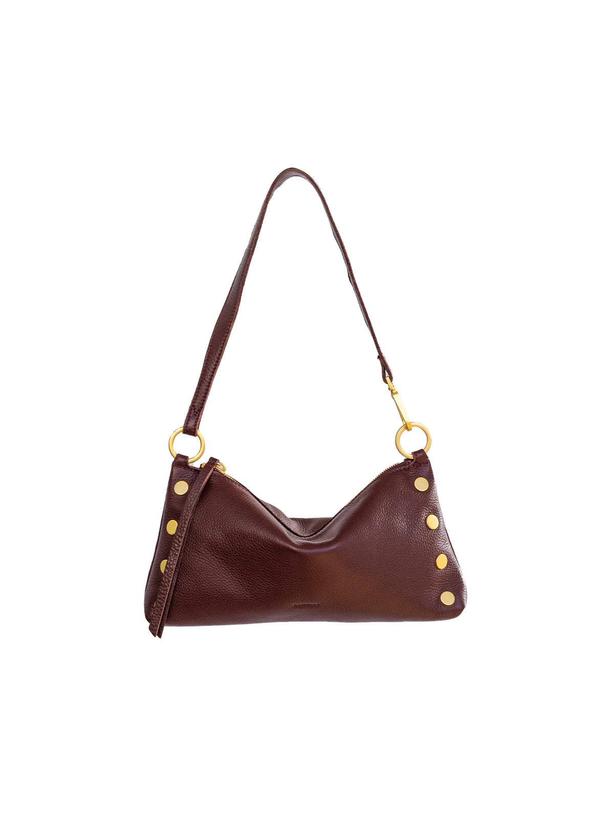 Burgundy pebbled leather bag with a slouchy, crescent shape. Features gold studs along the sides and gold rings...
