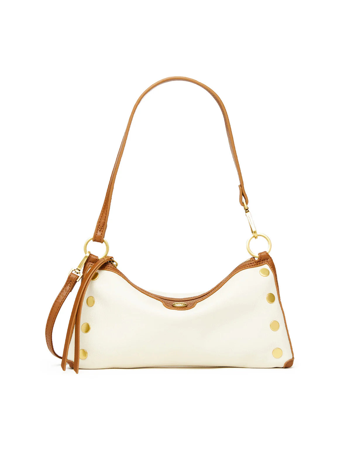 Hammitt Kyle cream baguette bag with tan leather trim, gold studs on sides, and gold-toned hardware.