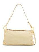Cream pebbled leather shoulder bag with gold-toned top zipper and round studs along the bottom edge.