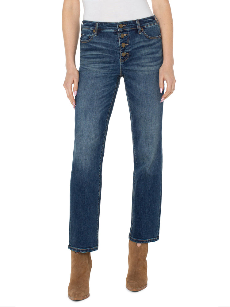 Here's alt text for the image, under 125 characters:
"Dark wash straight-leg jeans with a button fly. The jeans are...