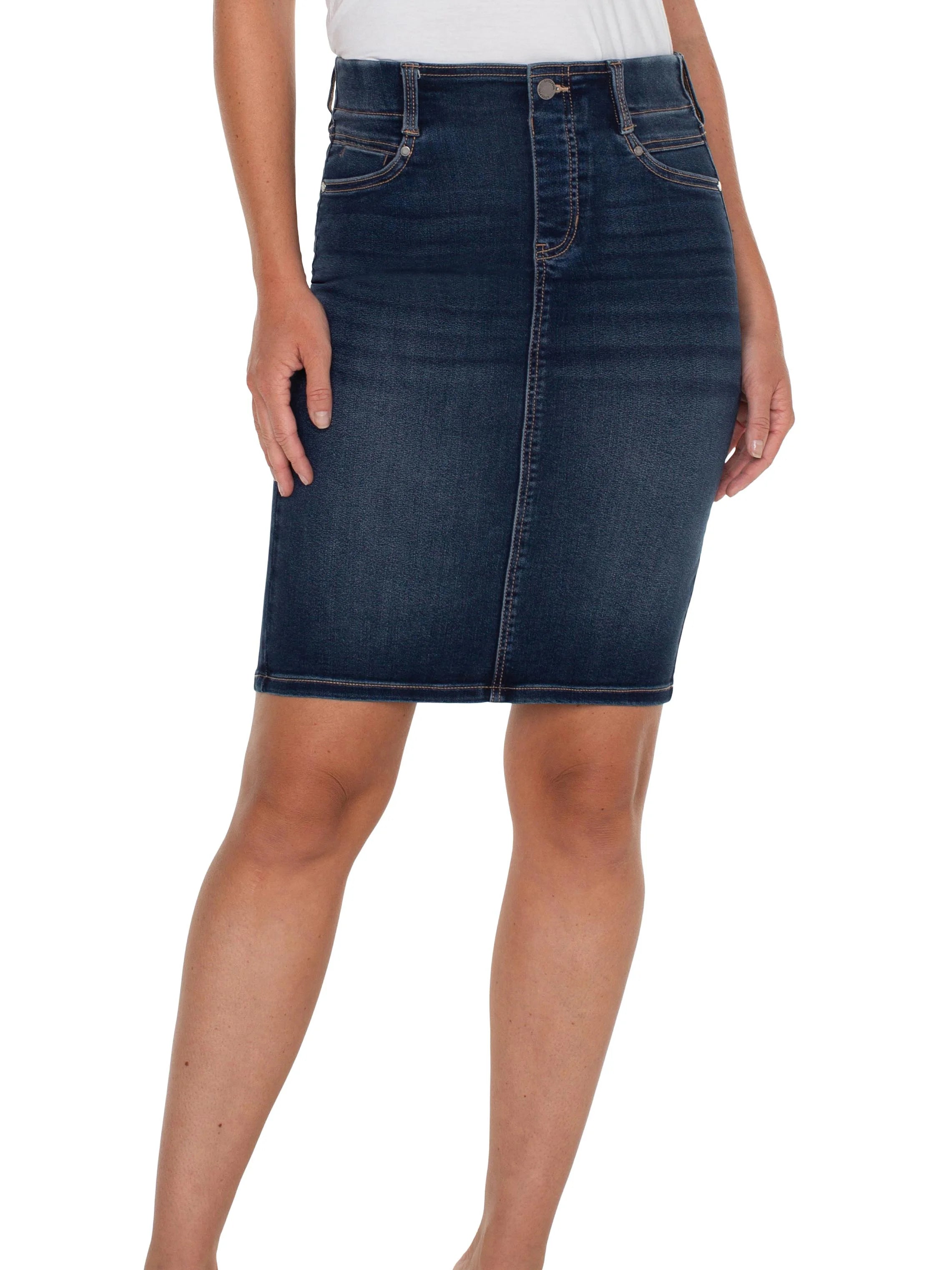 Dark wash denim pencil skirt; mid-thigh length, front pockets.